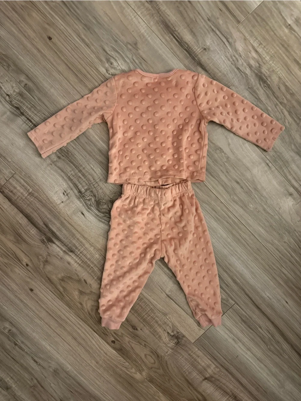 chick pea Peach Dotted Plush Kids Pajama Set with Bear Applique
